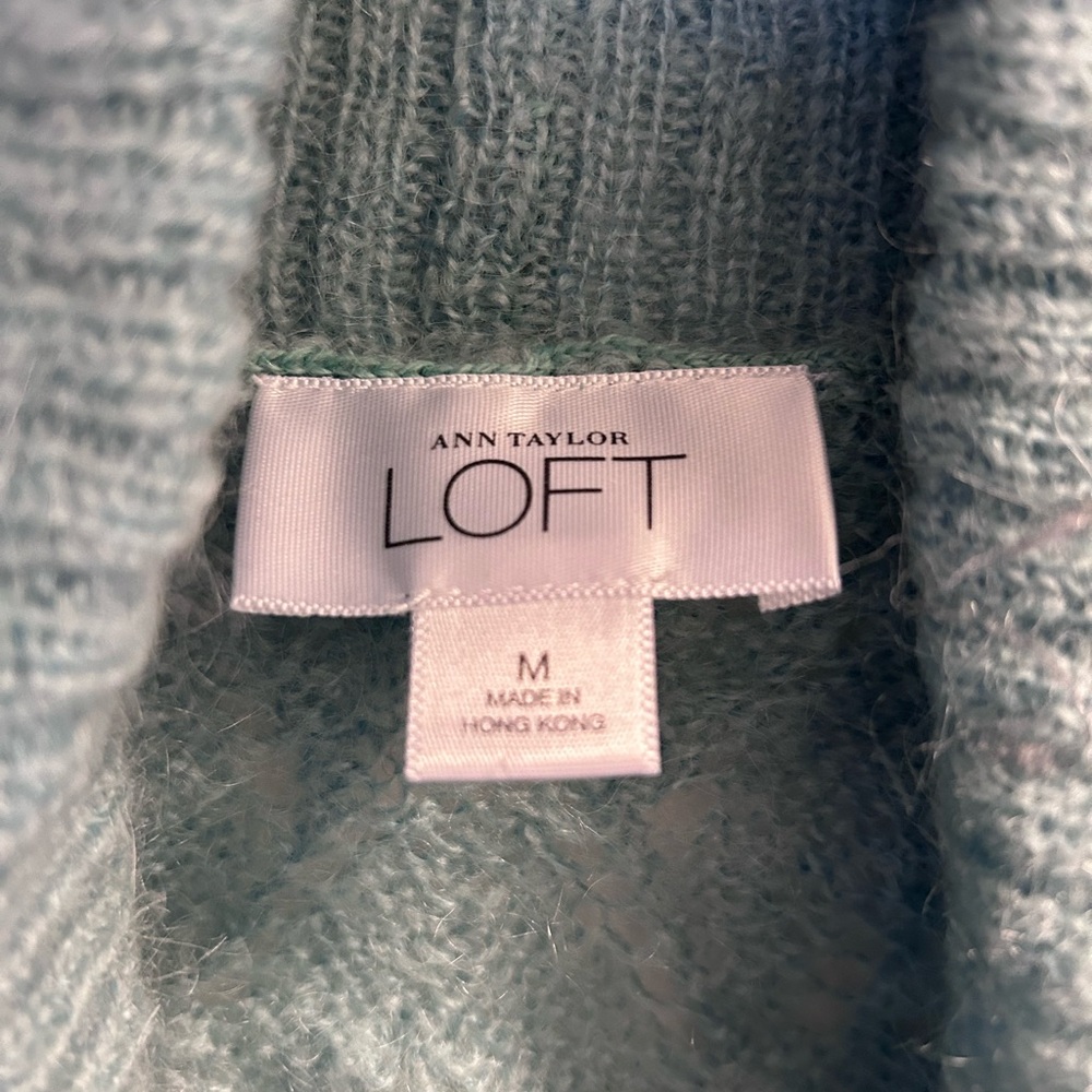 Ann Taylor Loft Cardigan Button Sweater Wool Mohair Scalloped Hem Blue Medium - Picture 2 of 4